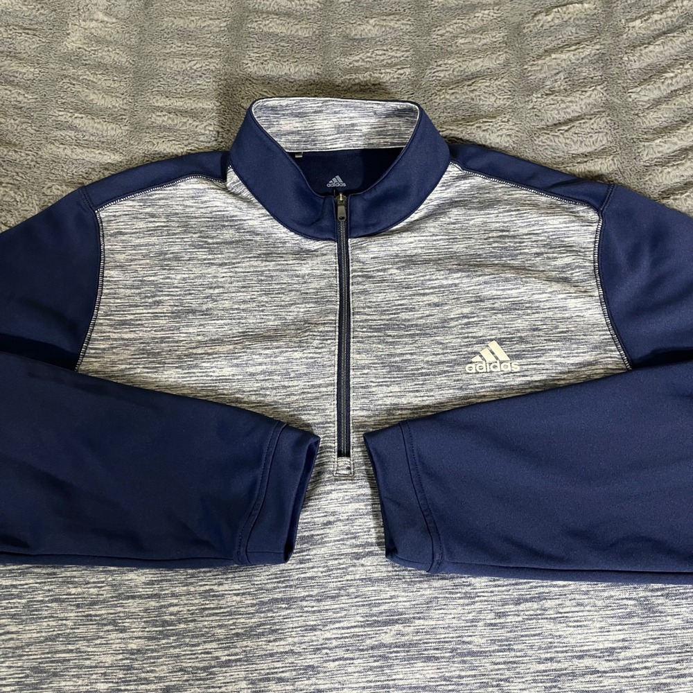Adidas Mens Large 1/4 Zip Pullover Navy Blue Heathered Gray Space Dye Activewear
